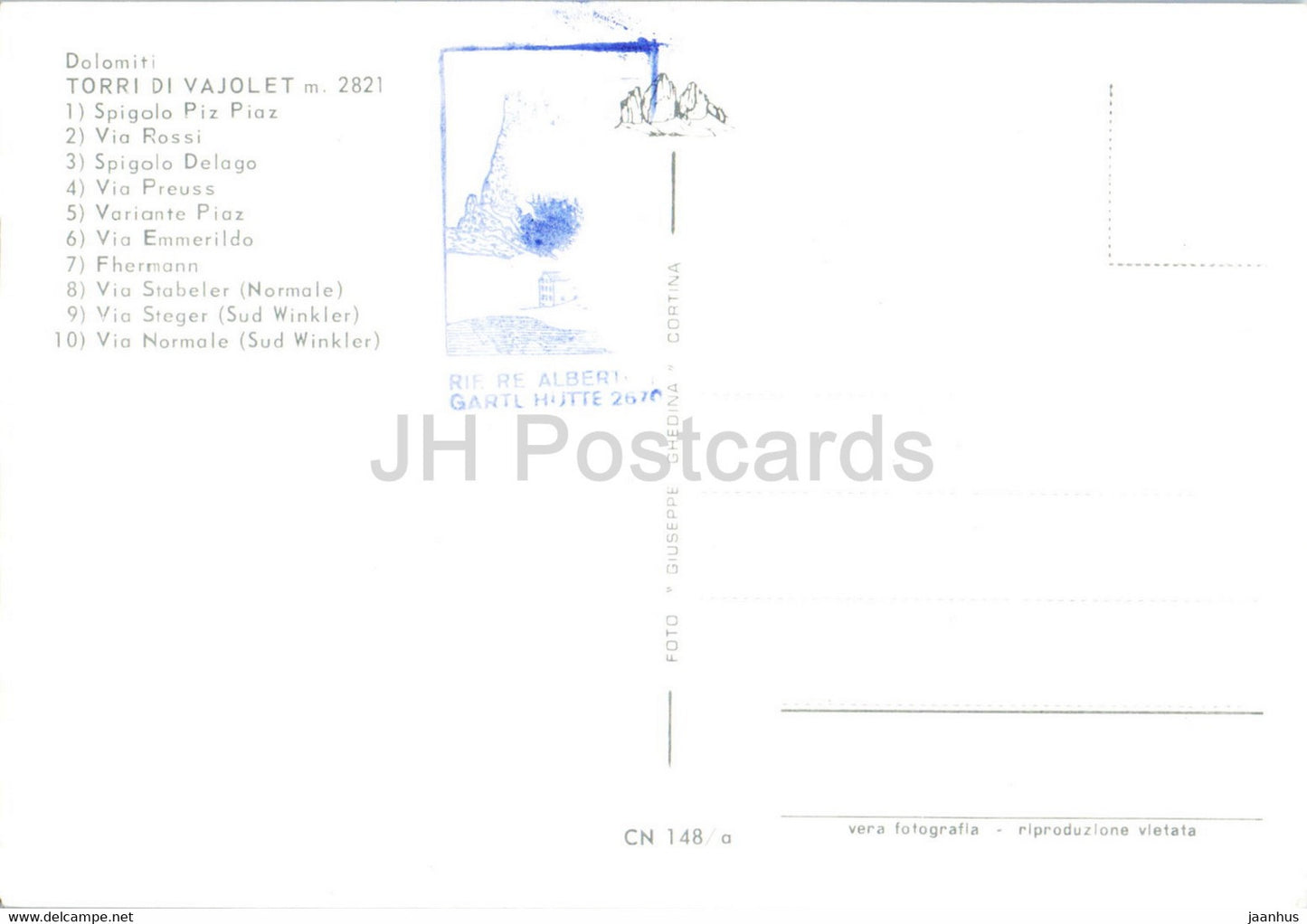 Dolomiti - Torri di Vajolet - Spigolo Piz Piaz - Via Rossi - Spigolo Delago - Via Preuss - old postcard - Italy - unused