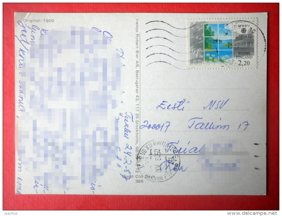 illustration - reproduction from 1900 - pigs - EUROPA CEPT - 396 - Sweden - sent from Finland Turku to Estonia USSR 1987 - JH Postcards