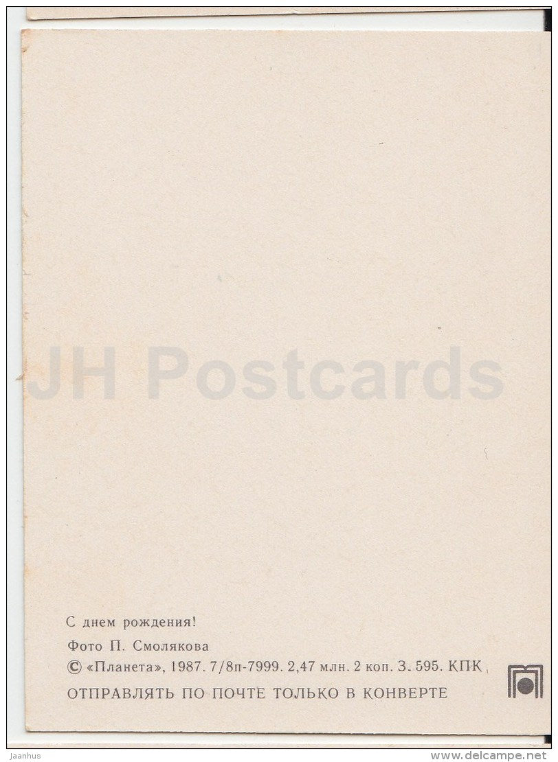 mini Birthday greeting card - pink roses - flowers - 1987 - Russia USSR - unused - JH Postcards