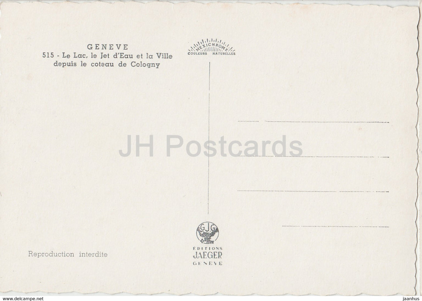 Geneva - Geneve - Le Lac - Le Jet d'Eau et la Ville depuis le coteau de Cologny - 515 - Switzerland - unused