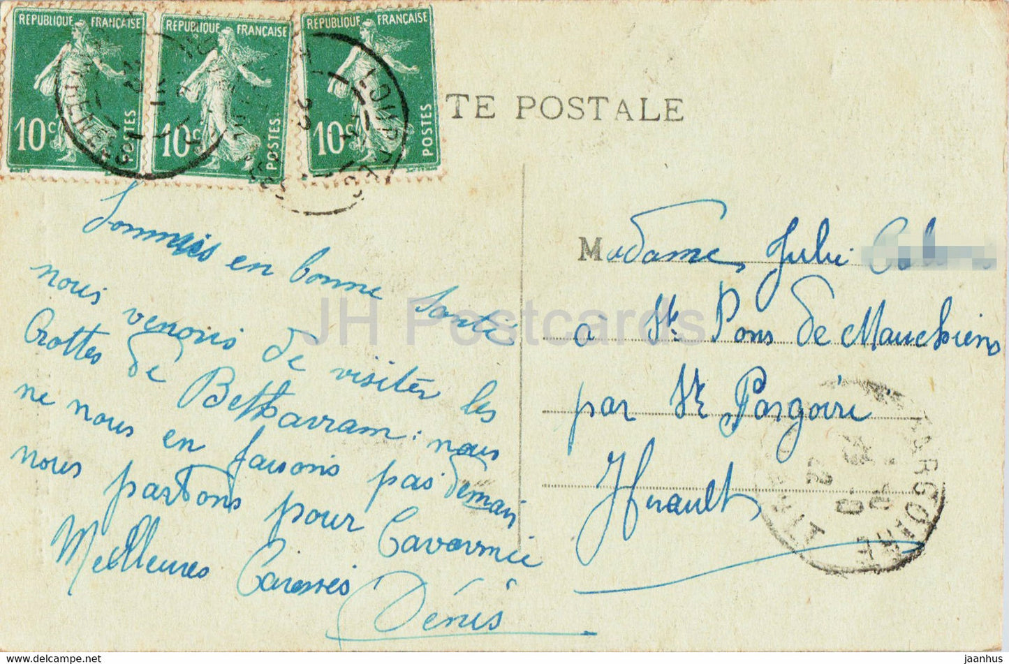 Grottes de Betharram partie inférieure - Les Franges - grotte - carte postale ancienne - 1922 - France - occasion