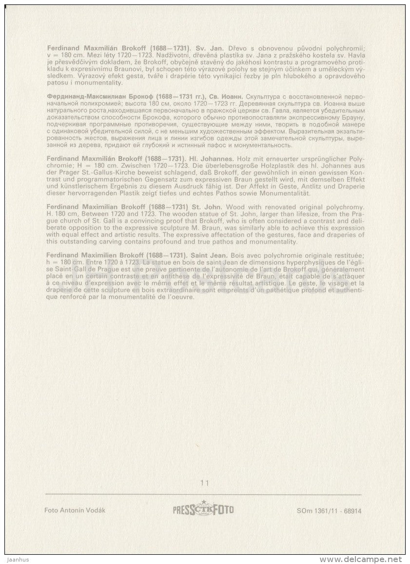 sculpture by Ferdinand Maxmilian Brokoff - St. John - Czech art - large format card - Czech - unused - JH Postcards