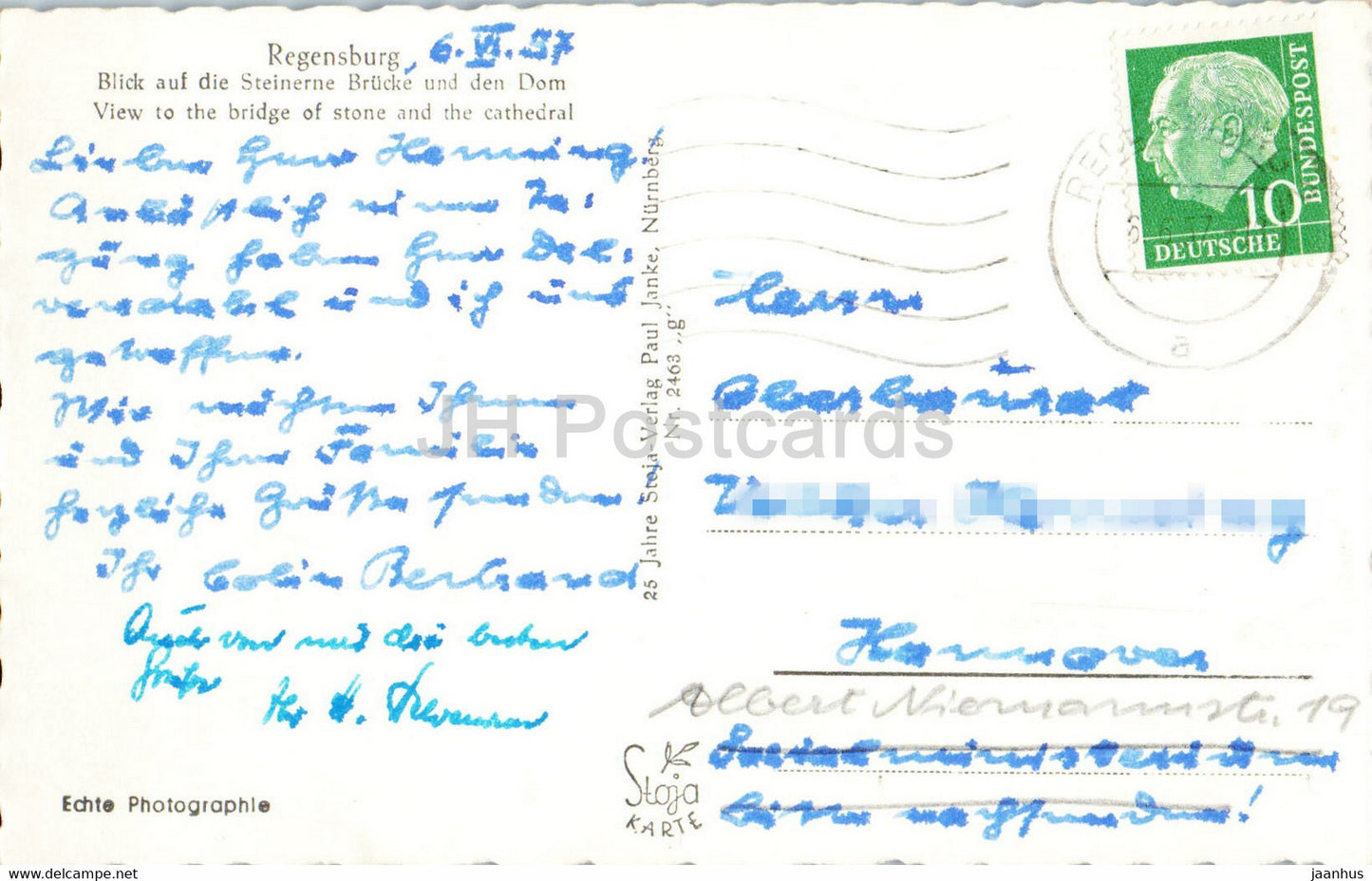 Regensburg - Steinerne Brucke - Dom - catheral - bridge - old postcard - 1957 - Germany - used