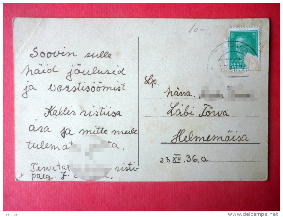 christmas greeting card - winter view - farm house - circulated in Estonia Tõrva 1936 - JH Postcards