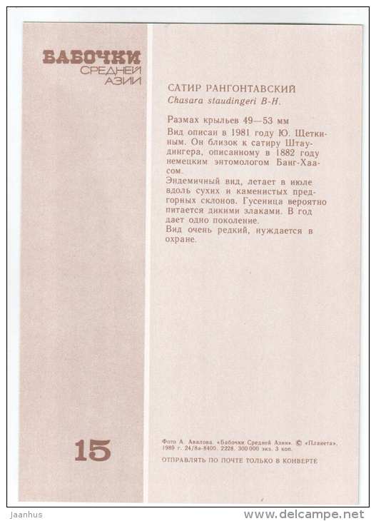 Chasara staudingeri - butterfly - Central Asia butterflies - 1989 - Russia USSR - unused - JH Postcards