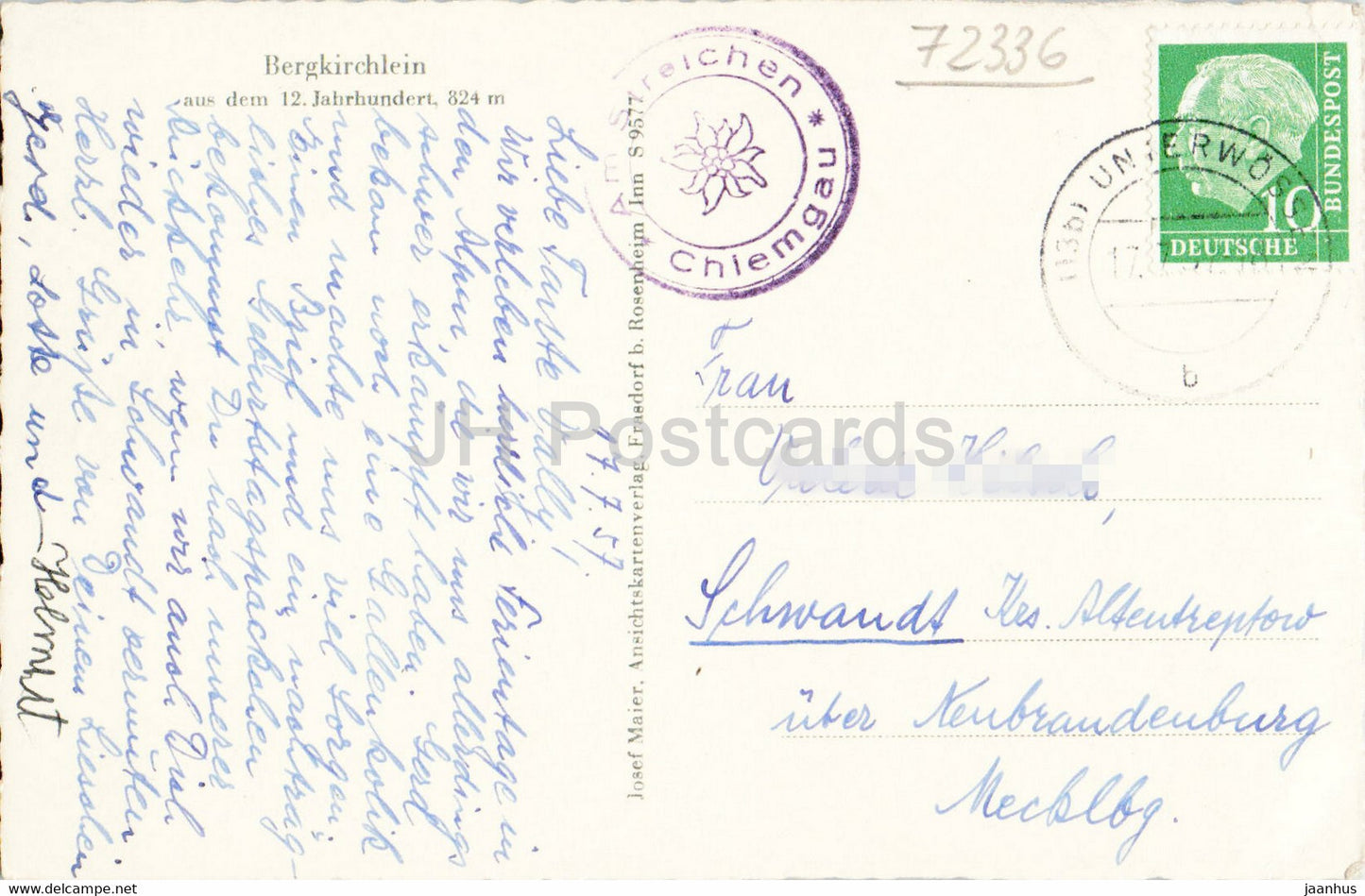 Streichen mit Rudersburg - Bergkirchlein - old postcard - 1957 - Germany - used