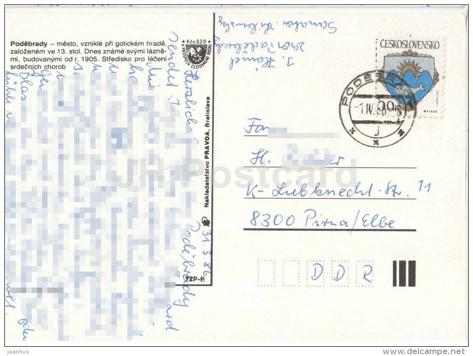 Podebrady - architecture - town views - bus - Czechoslovakia - Czech - used 1986 - JH Postcards