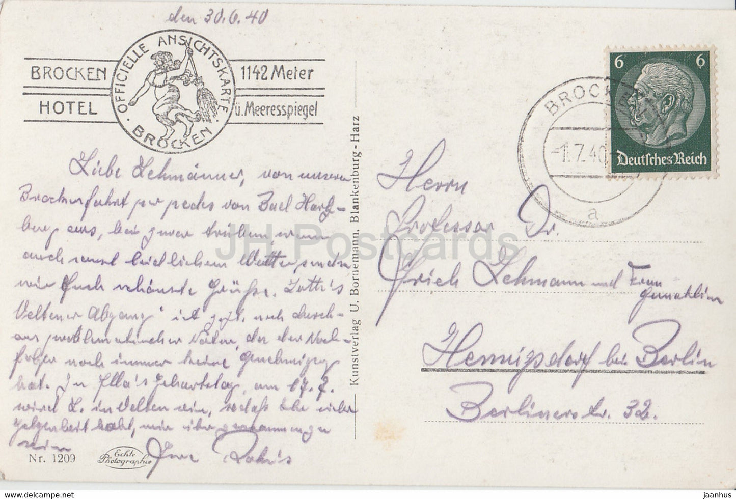 Goetheweg mit Brocken 1142 m - Brocken Hotel - 1209 - old postcard - 1940 - Germany - unused