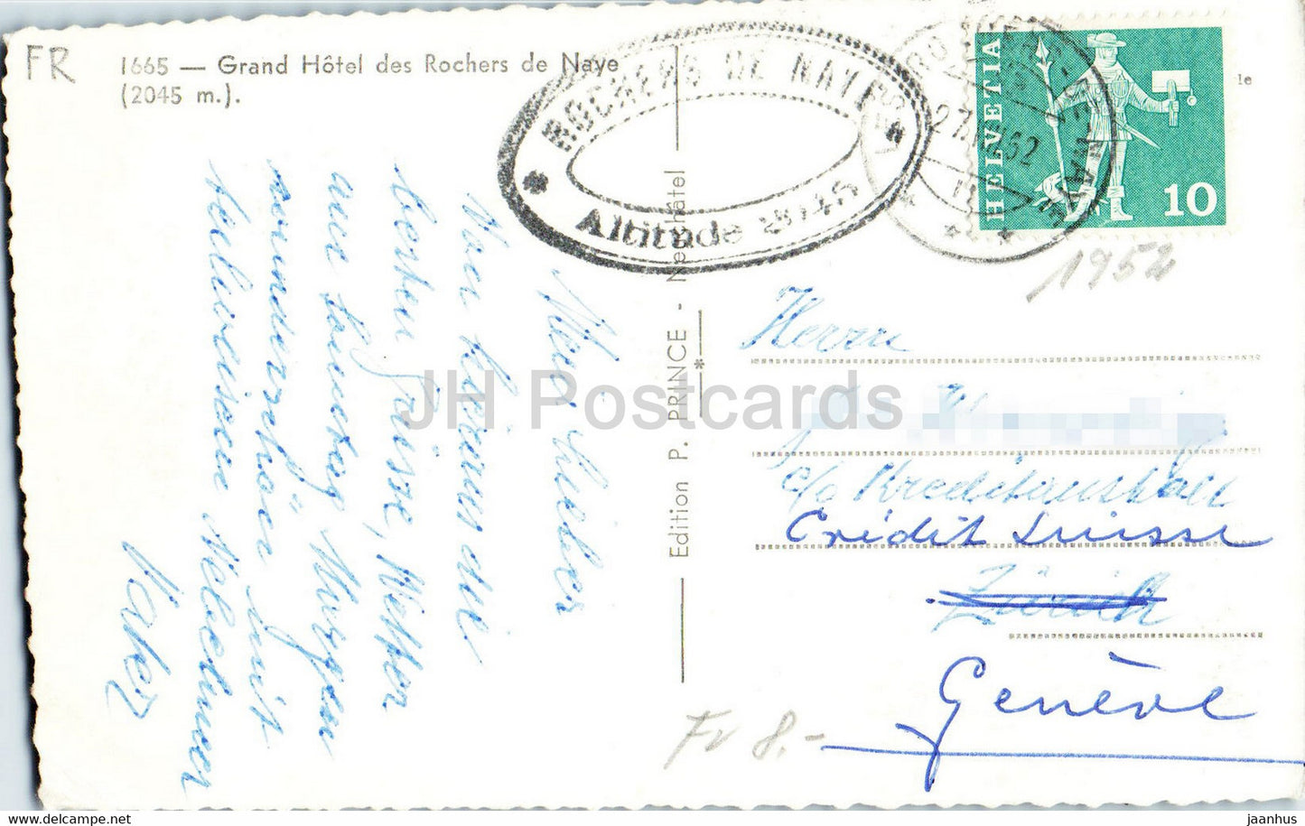 Grand Hôtel des Rochers de Naye 2045 m - 1665 - carte postale ancienne - 1952 - Suisse - occasion