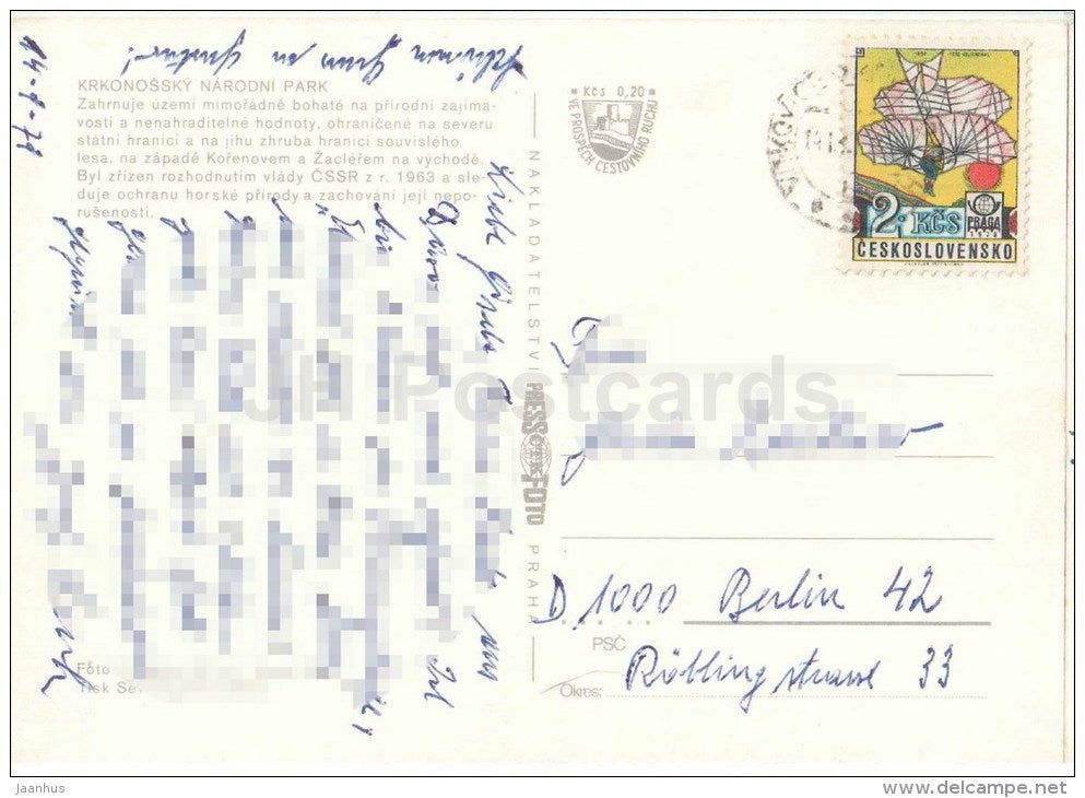 Krkonose National Park - Czechoslovakia - Czech - used 1977 - JH Postcards