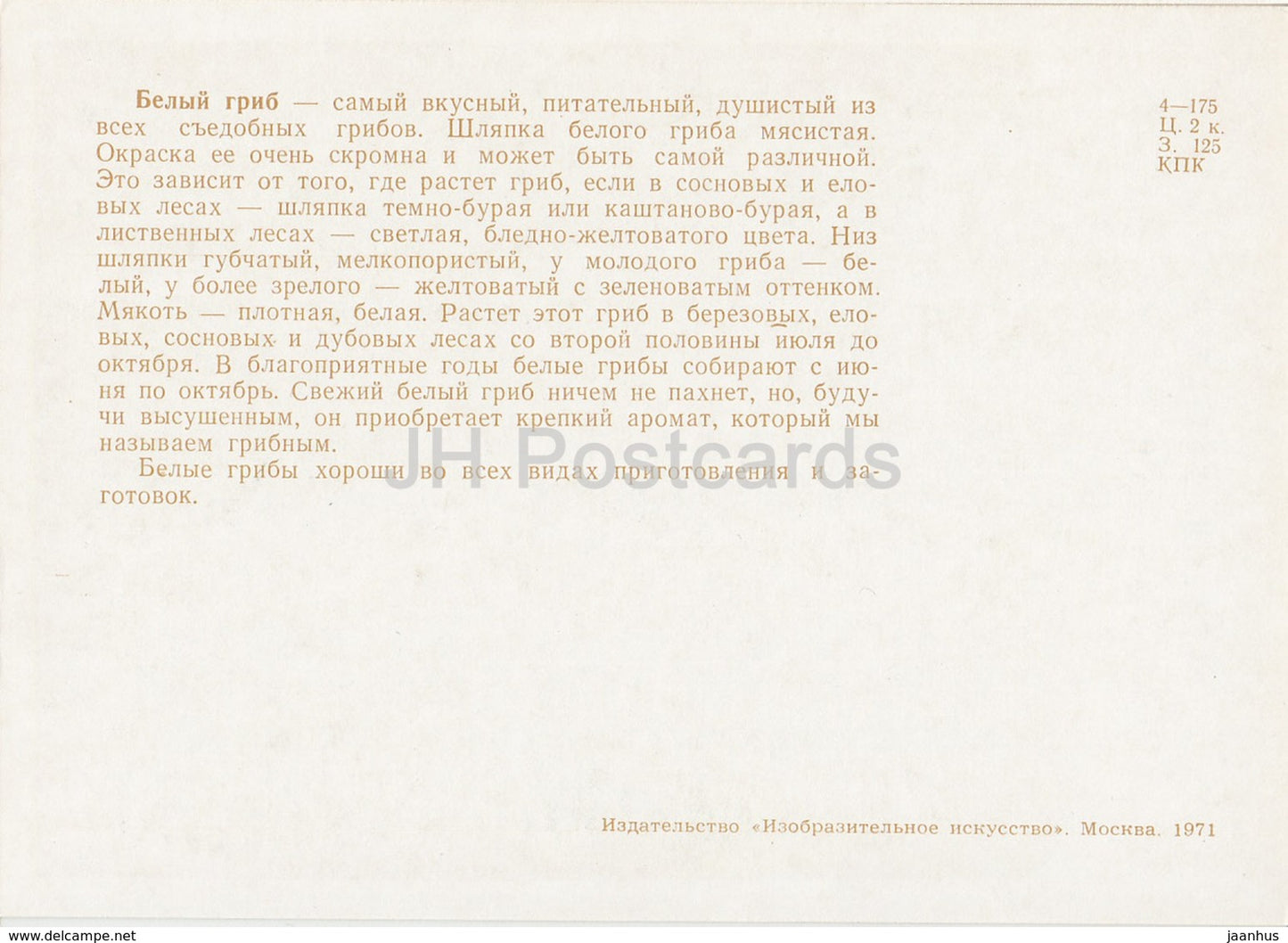 Penny Bun - champignons - illustration - 1971 - Russie URSS - inutilisé