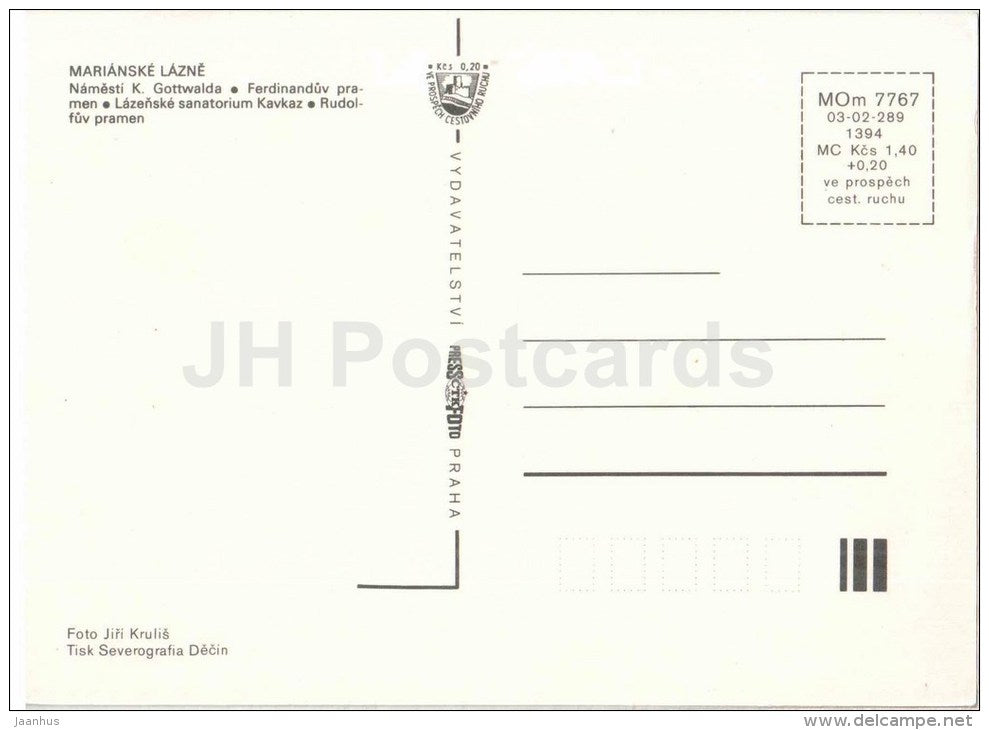 Marianske Lazne - Marienbad - Gottwald square - Ferdinand Spring - Kavkaz - Czechoslovakia - Czech Republic - unused - JH Postcards