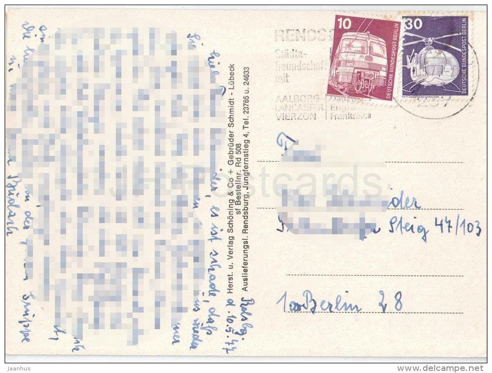 Rendsburg am Nord-Ostsee-Kanal - Stadttheater - Strassentunnel - Rathaus - Eisenbahn-Hochbrücke Germany - 1977 gelaufen - JH Postcards