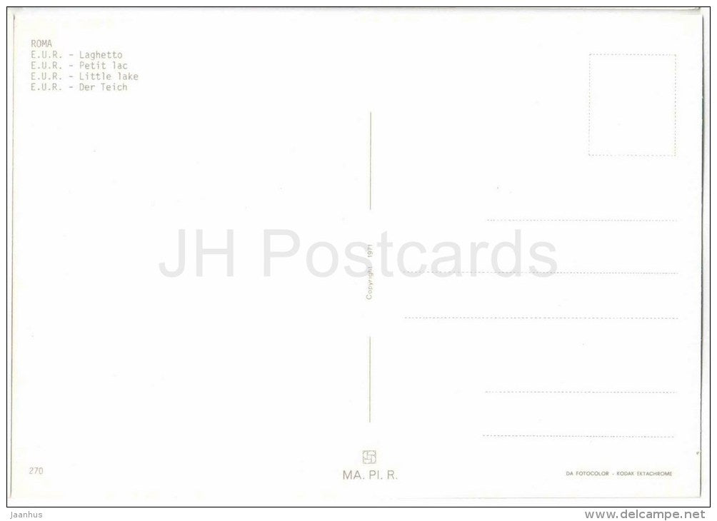E.U.R. Laghetto - E.U.R. Little Lake - Roma - 270 - Italia - Italy - unused - JH Postcards
