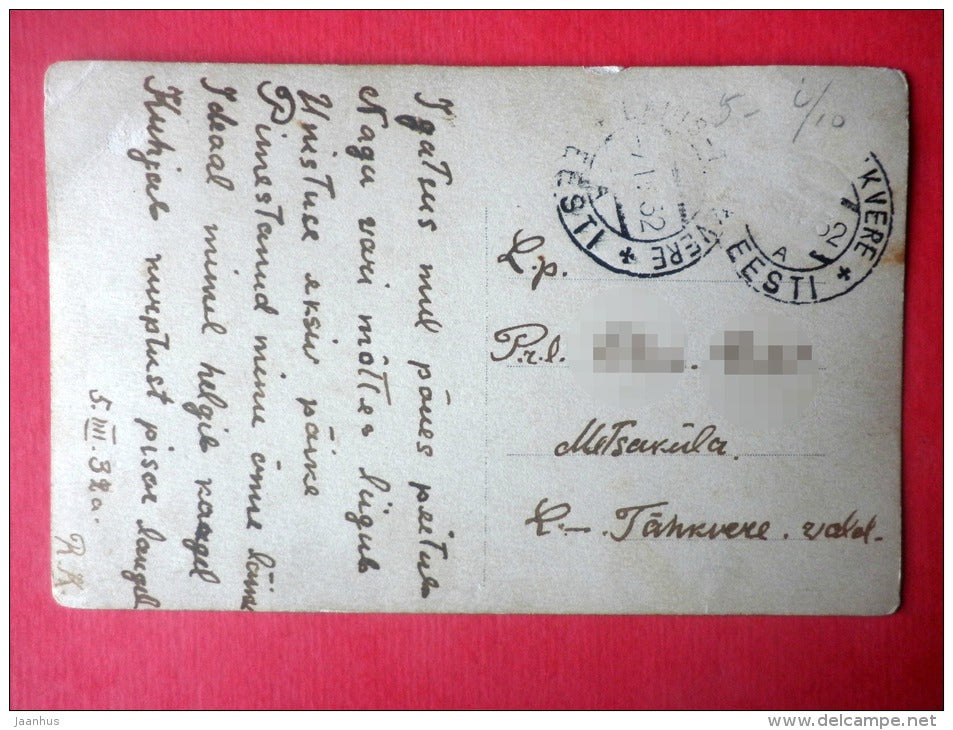 man and woman kissing - couple - Lola 57 - circulated in Estonia Rakvere 1932 - JH Postcards