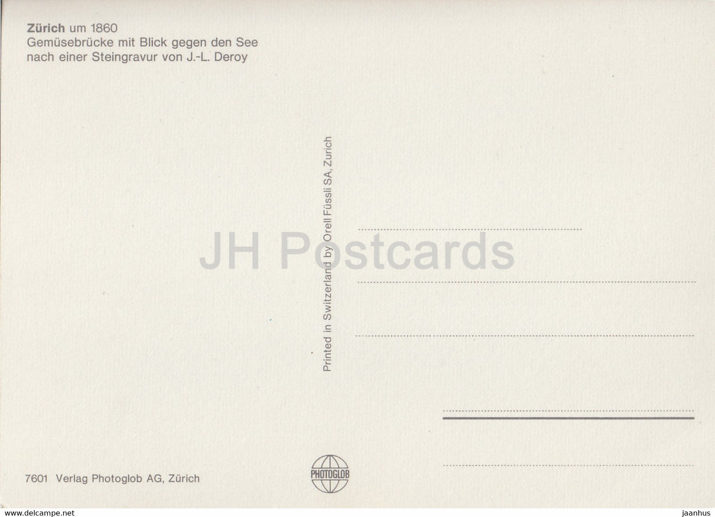 Zurich um 1860 - Gemusebrucke mit Blick gegen den See - Steingravur von J L Deroy - bridge - Switzerland - unused