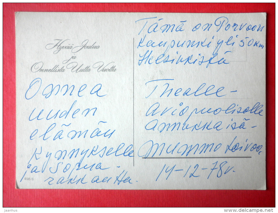 Christmas Greeting Card - town view - bullfinch - rowan - 498/6 - Finland - circulated in Finland 1978 - JH Postcards