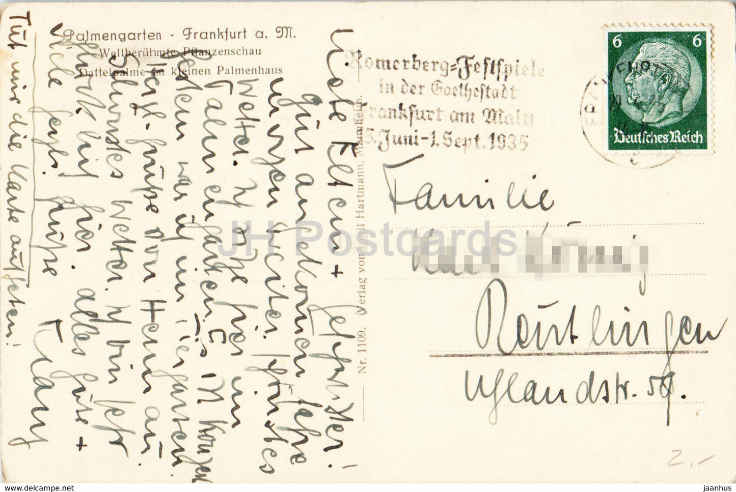 Francfort-sur-le-Main - Palmengarten - Dattelpalme im kleinen Palmenhaus - jardin - 1935 - carte postale ancienne - Allemagne - utilisé