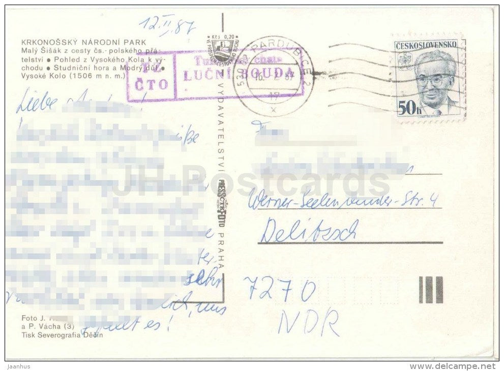 Krkonose National Park - Maly Sisak - Studnicni mountain - Vysoke Kolo - Czechoslovakia - Czech - used 1987 - JH Postcards