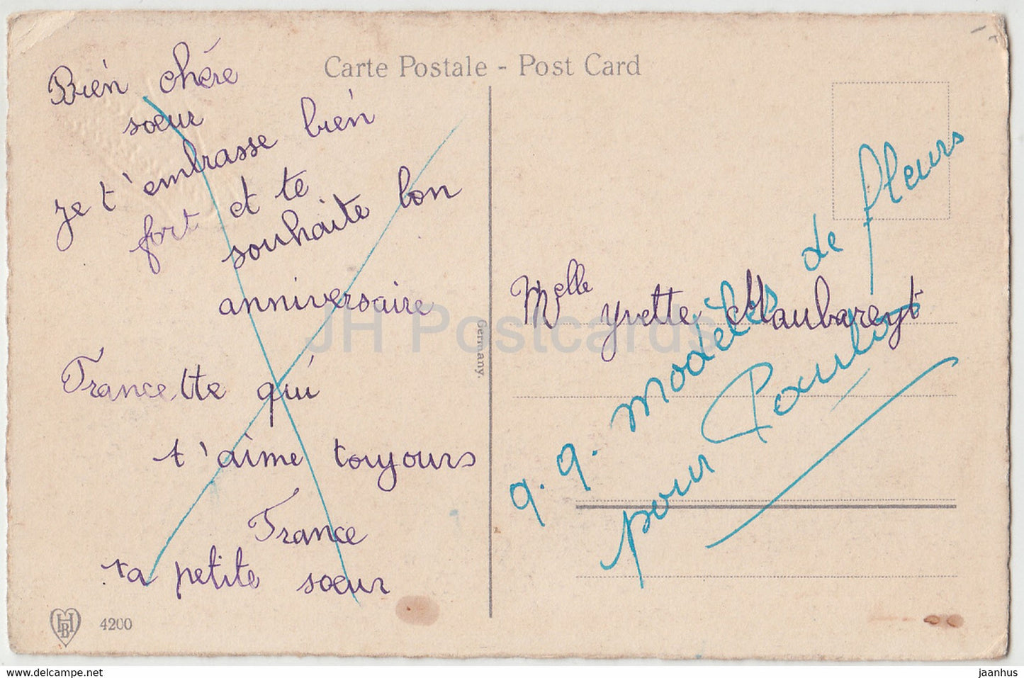 Birthday Greeting Card - Heureux Anniversaire - flowers in a vase - HB 4200 illustration - old postcard - France - used