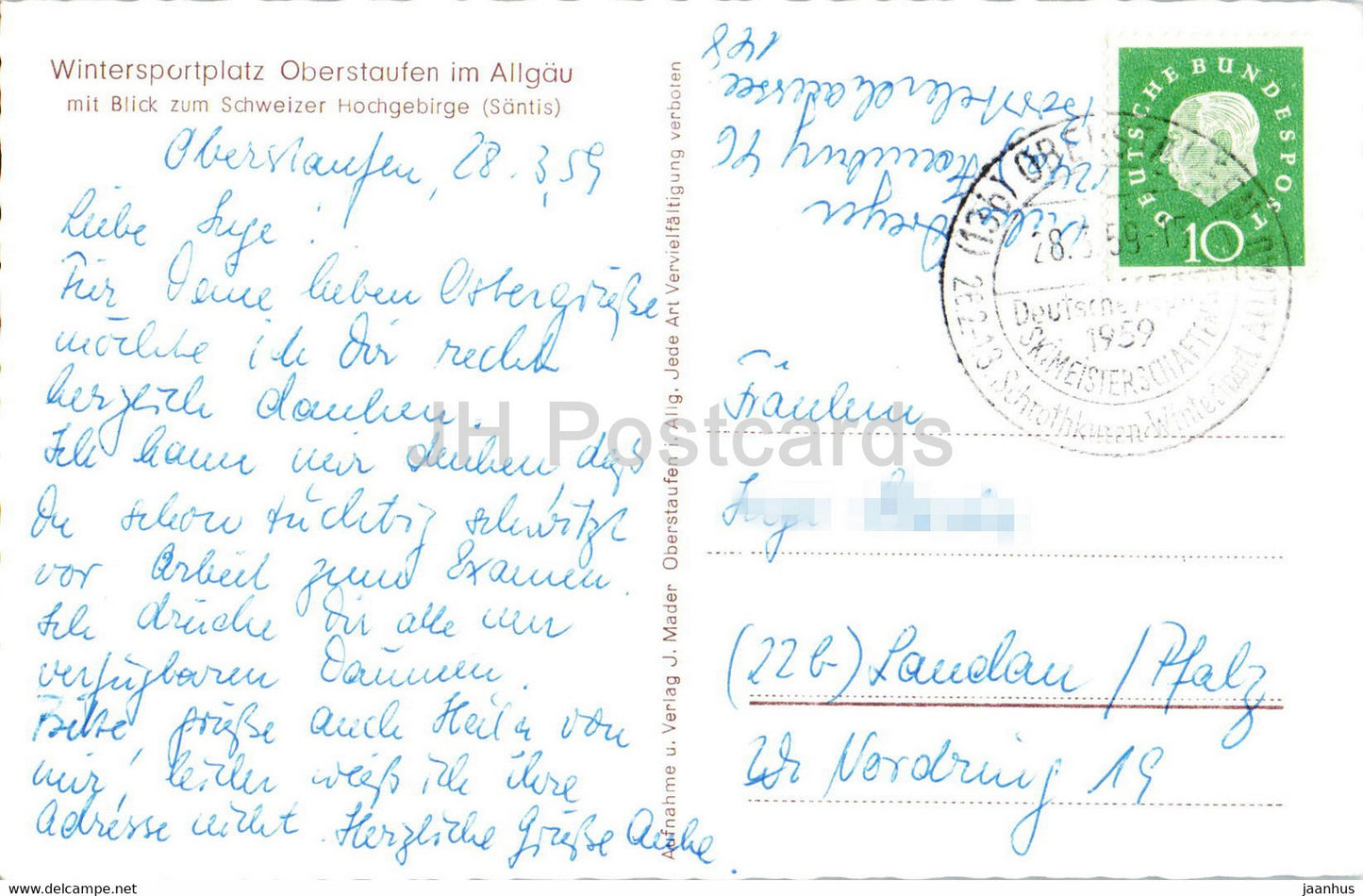 Wintersportplatz Oberstaufen im Allgau - mit Blick zum Schweizer Hochgebirge - old postcard - 1959 - Germany - used