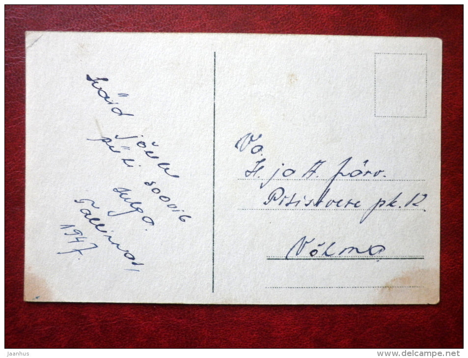 Christmas Greeting Card - airplane - houses - winter - circulated in 1947 - Estonia - used - JH Postcards