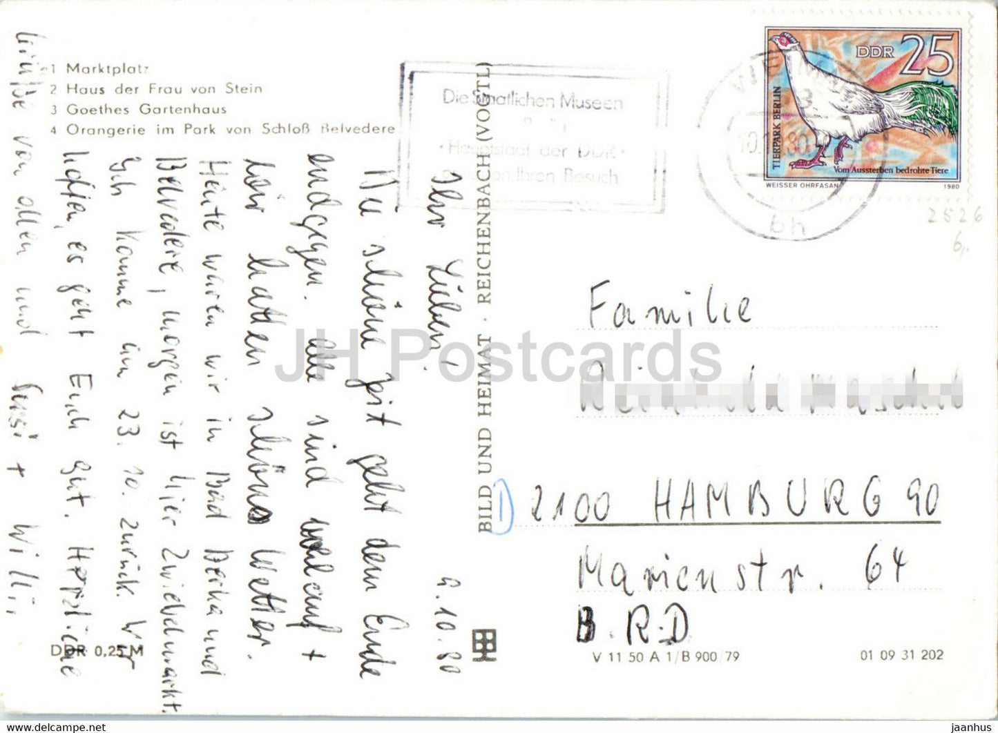 Gruss aus Weimar - Marktplatz - Haus der Frau von Stein - Goethes Gartenhaus - 1980 - Germany DDR - used