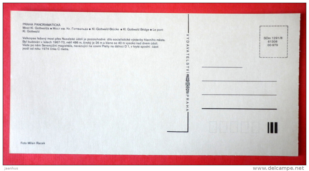 KL Gottwald Bridge - Prague - Praha - Czech Republic - Czechoslovakia - unused - JH Postcards