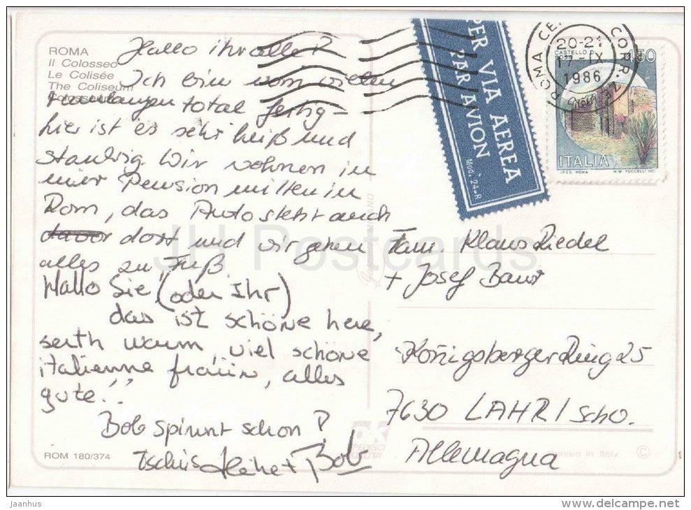 Il Colosseo - Colosseum - Roma - Rome - ROM 180/374 - Italia - Italy - sent from Italy Rome to Germany 1986 - Par Avion - JH Postcards