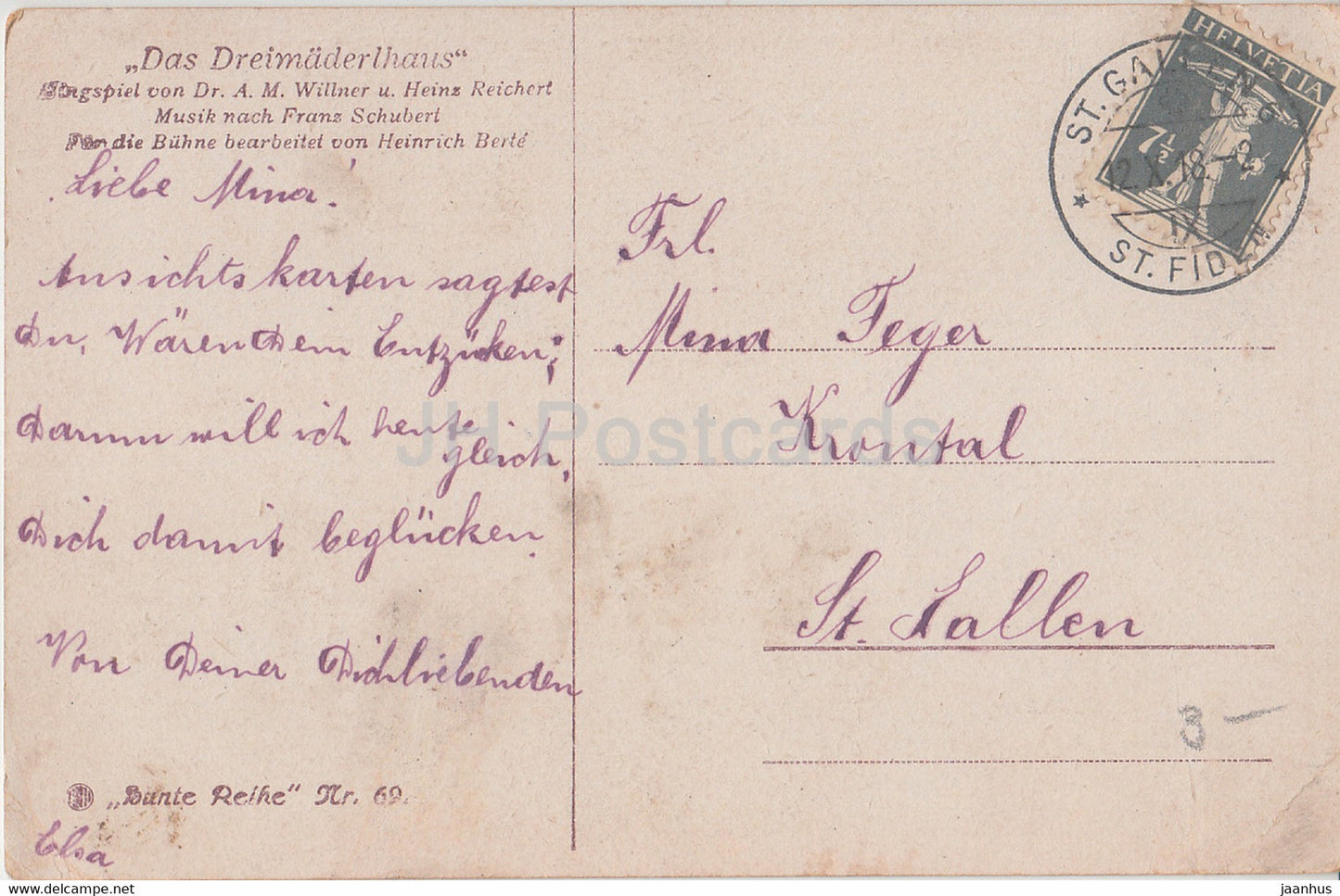 Das Dreimadlerhaus - Franz Schubert - Bunte Reihe - carte postale ancienne - 1918 - Allemagne - utilisé