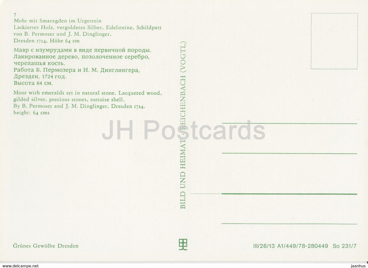 Mohr mit Smaragden im Urgestein - 1 - Moor with emeralds set in natural stone - Grunes Gewolbe - DDR Germany - unused