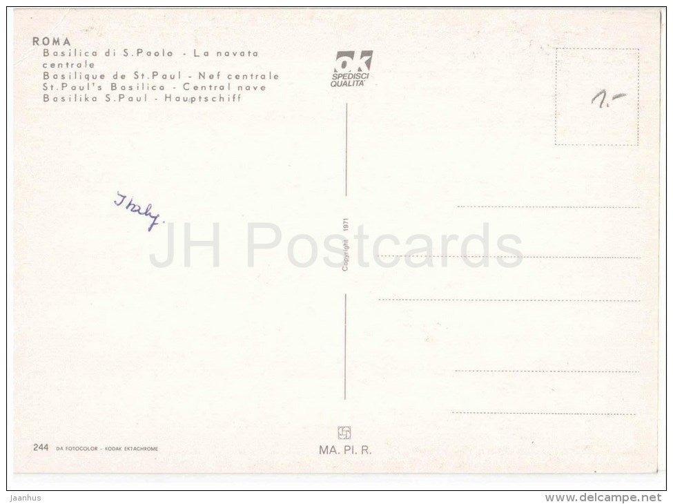 Basilica di S. Paolo , La Navata Centrale - St. Paul`s Basilica - Roma - Rome - 244 - Italia - Italy - unused - JH Postcards