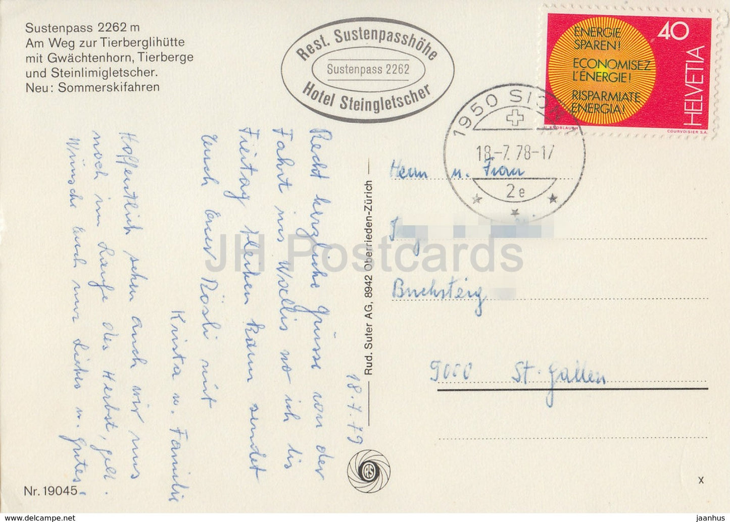 Sustenpass 2262 m - Am Weg zur Tierberglihutte mit Gwachtenhorn Tierberge - 19045 - 1978 - Switzerland - used