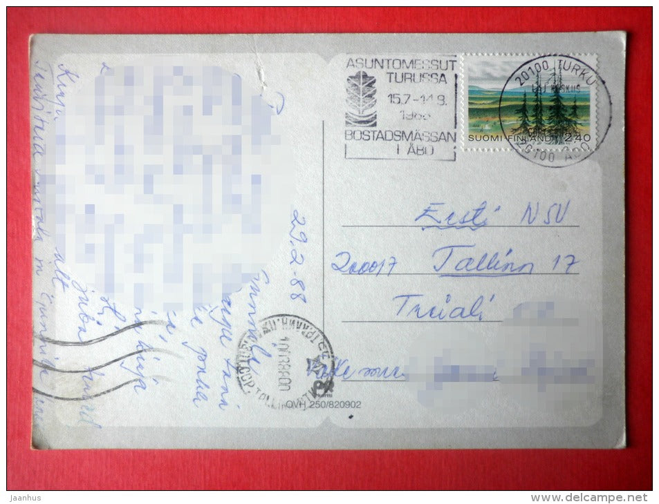 illustration - bear - car - Finland - sent from Finland Turku to Estonia USSR 1988 - JH Postcards