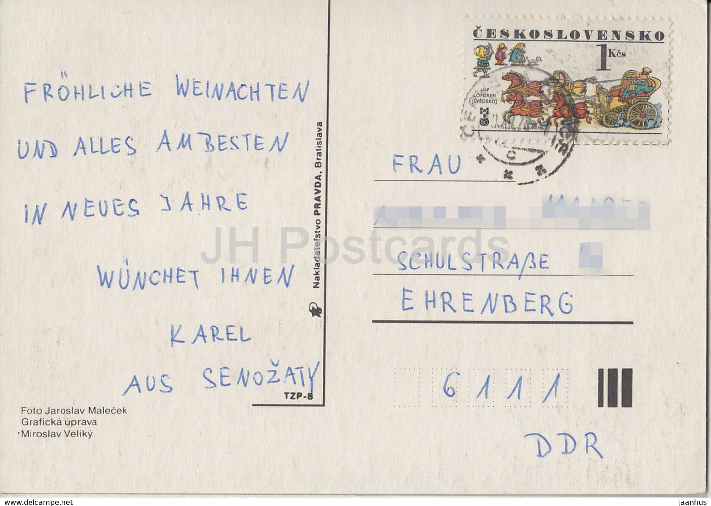 Carte de vœux de Noël - Vanocni Pozdrav z Humpolce - Tchécoslovaquie - République tchèque - utilisée