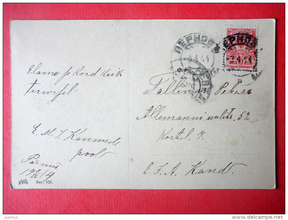 easter greeting card - bird - pond - birch trees - HWB SER 105 - circulated in Imperial Russia Estonia Pernau 1911 - JH Postcards