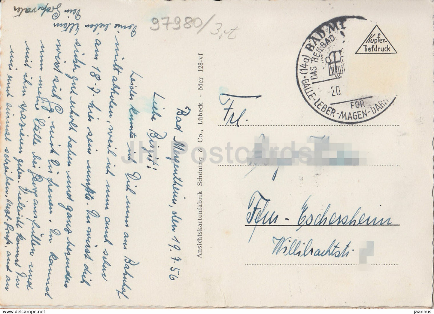 Gruss aus Bad Mergentheim - Teilansicht vom Trilberg - Bahnhof - train - railway station - 1956 - Germany - used