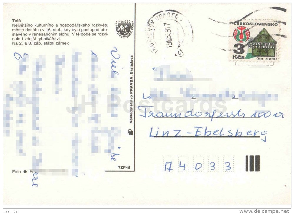 Telc - castle - town views - architecture - Czechoslovakia - Czech - used 1989 - JH Postcards