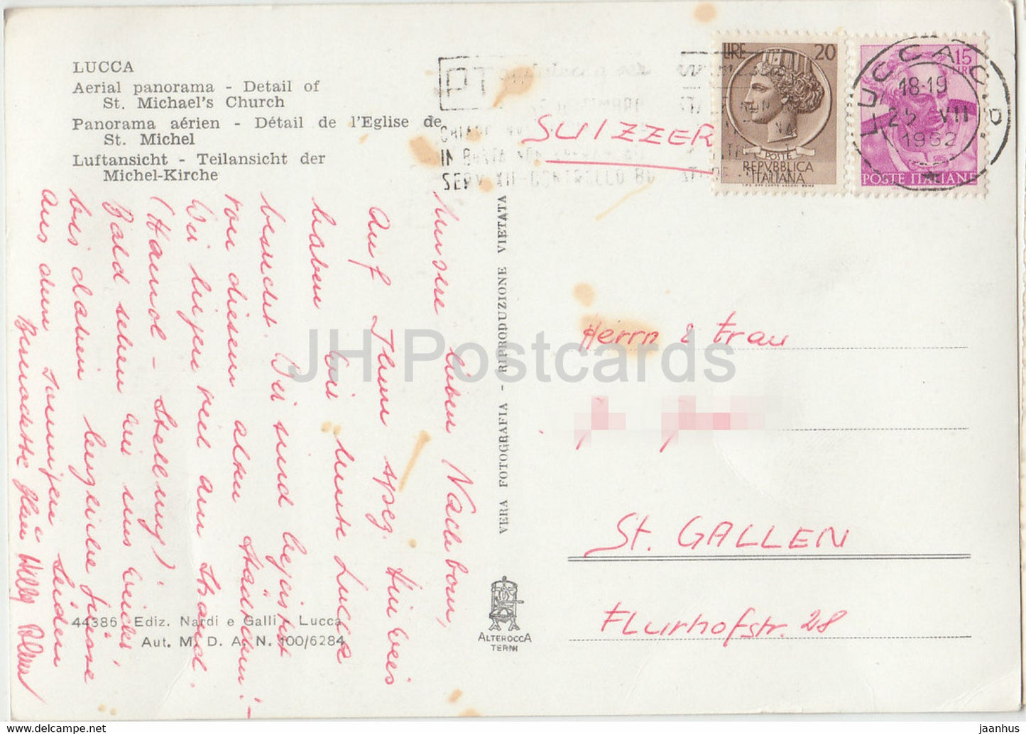 Lucca - Panorama aereo - Particolare Chiesa di S Michele - Panorama aérien de l'église Saint-Michel - 1952 - Italie - utilisé