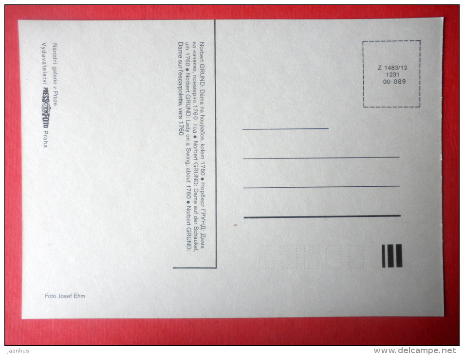 Painting by Norbert Grund - Lady on a Swing , about 1760 - dogs - bohemian art - unused - JH Postcards