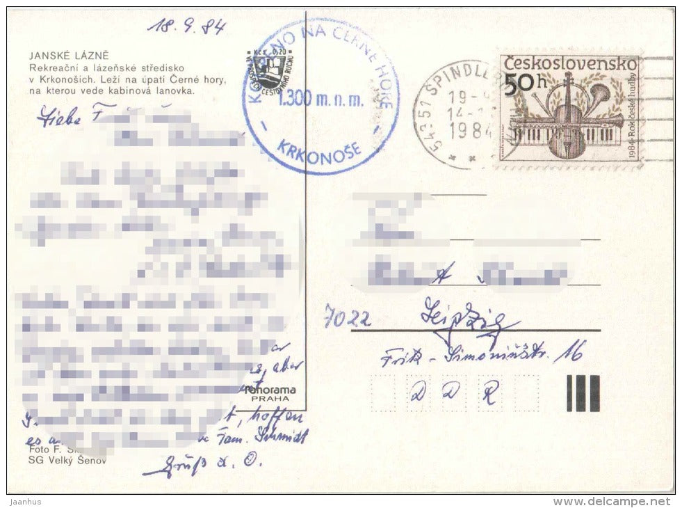 Janske Lazne - cable car - Cerna Hora - Krkonose - special seal - Czechoslovakia - Czech - used 1984 - JH Postcards