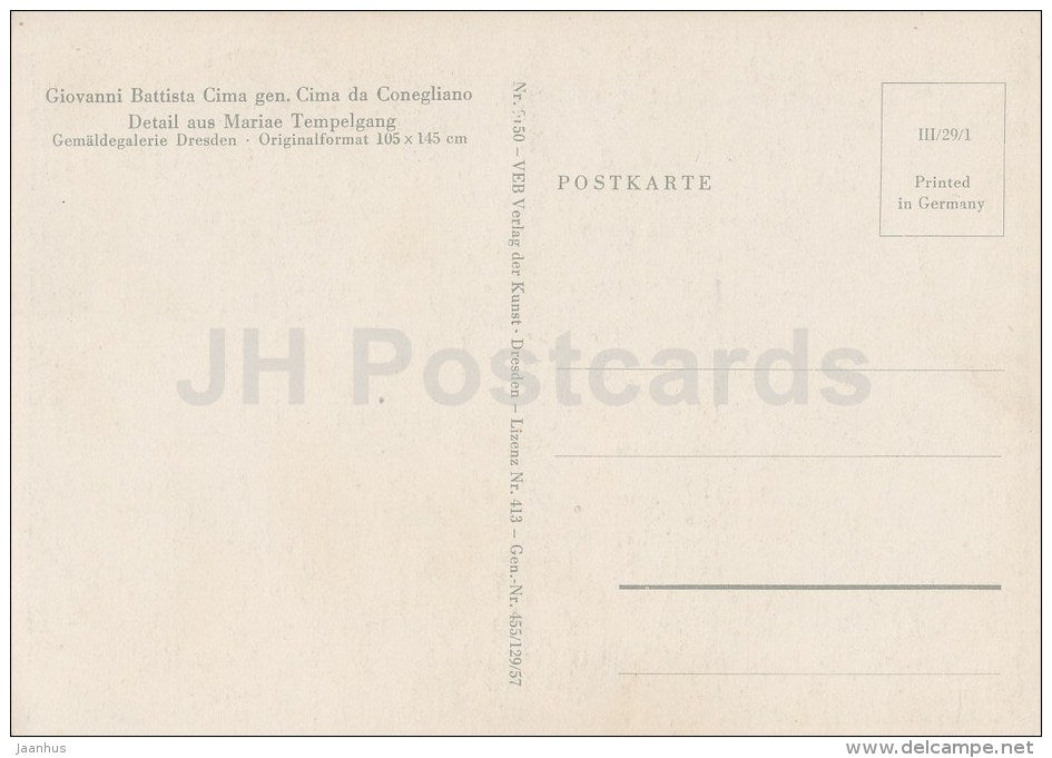 painting by Giovanni Battista Cima - Detail aus Mariae Tempelgang - bird cage - boy - Italian Art - Germany - unused - JH Postcards