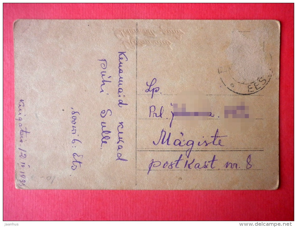 easter greeting card - egg house - chick - doghouse - RTK 520 - circulated in Estonia 1933 - JH Postcards