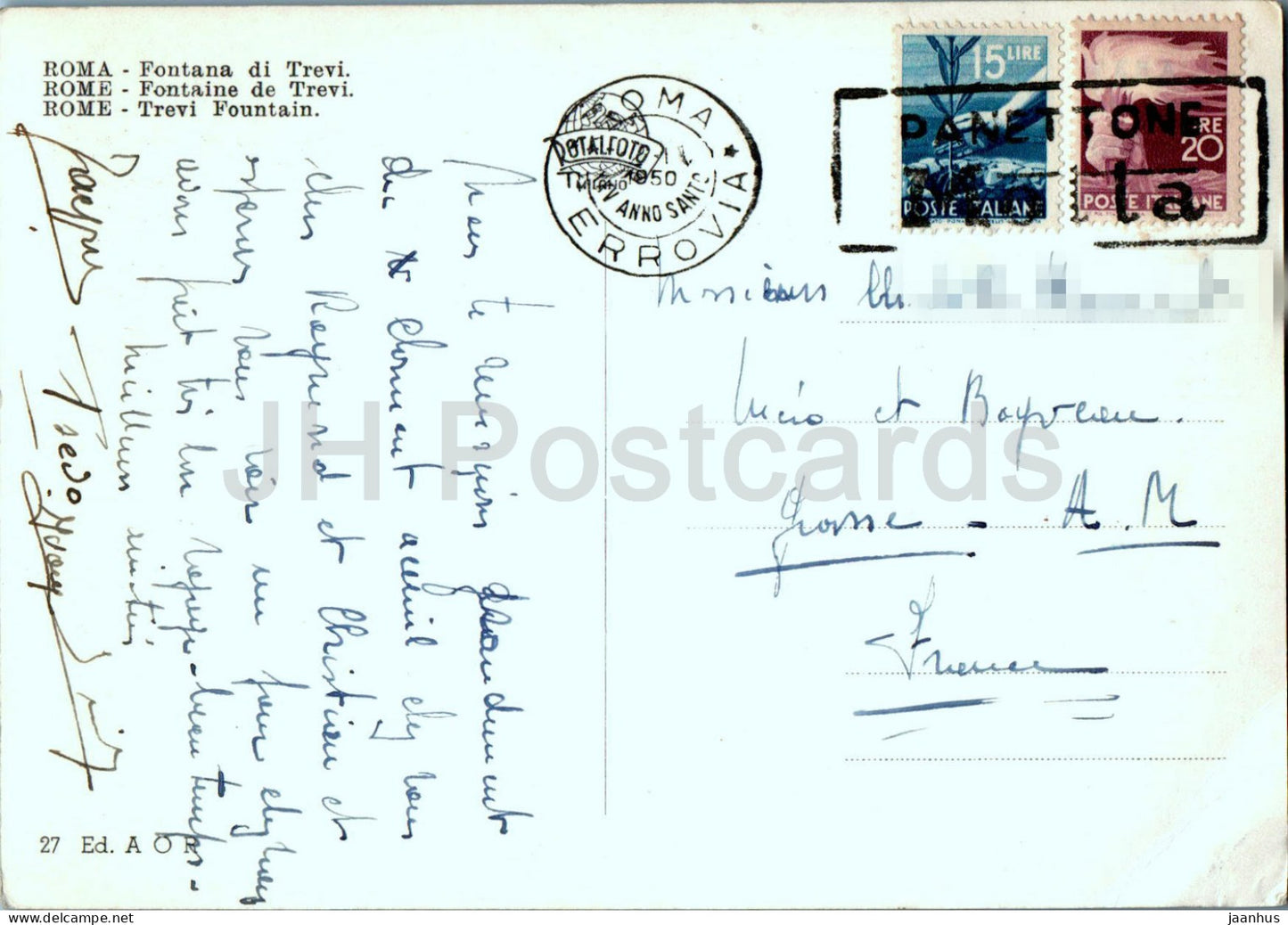 Roma - Rome - Fontana di Trevi - Fontaine de Trevi - 27 - carte postale ancienne - 1950 - Italie - utilisé