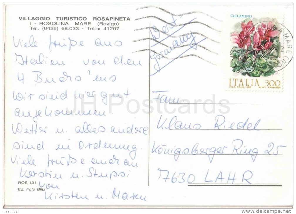 beach - sailing boat - ciclamino - Rosa Pineta - Rovigo - Veneto - ROS 131 - Italia - Italy - used - JH Postcards