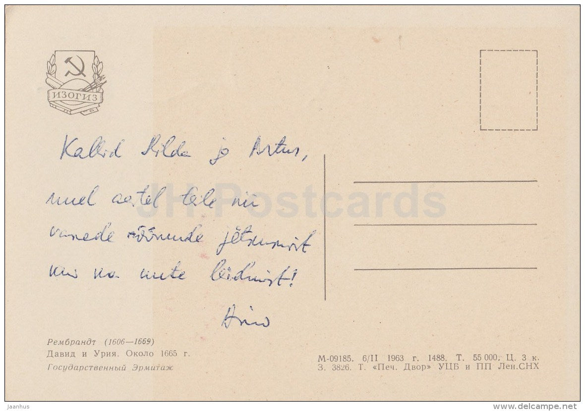 painting by Rembrandt - 1 - David and Uriah , 1665 - Dutch art - Russia USSR - 1963 - used - JH Postcards