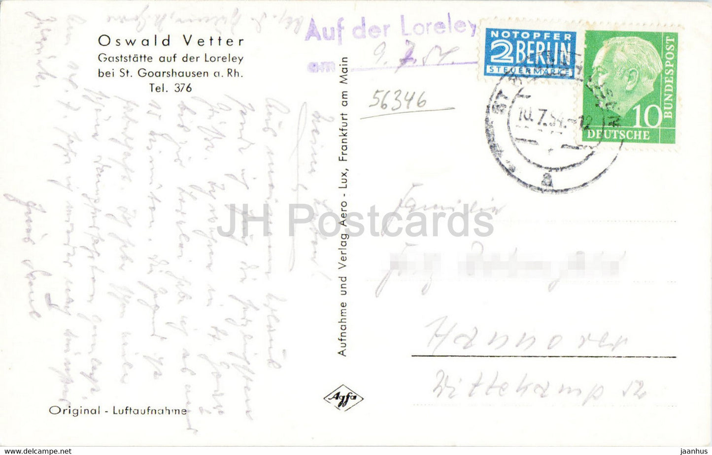 Loreley mit Rheintal - Oswald Vetter - carte postale ancienne - 1954 - Allemagne - utilisé