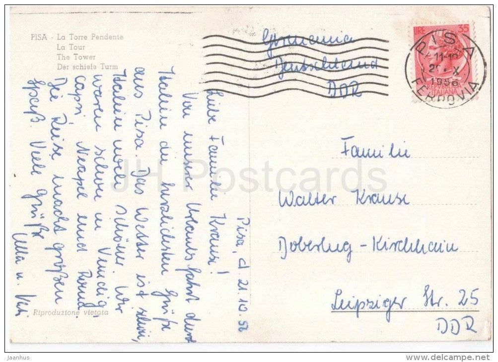 La Torre Pendente - The Tower - Pisa - Italia - Italy - sent from Italy Pisa to Germany 1956 - JH Postcards