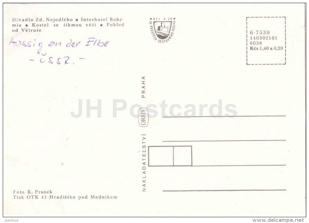 Church - Nejedleho Theatre - interhotel Bohemia - bus - Usti nad Labem - Czechoslovakia - Czech - unused - JH Postcards