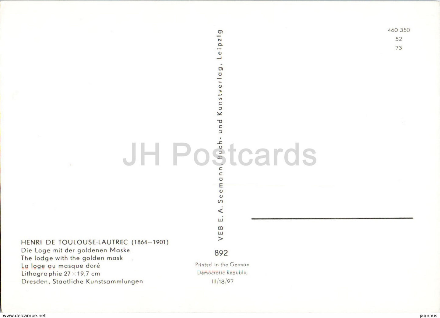 painting by Henri de Toulouse-Lautrec - Die Loge mit der goldenen Maske - French art - Germany DDR - unused